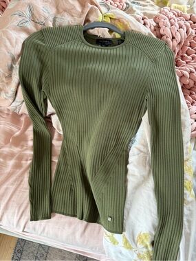 Ted Baker Olive Green Ribbed Long Sleeve Crew Top